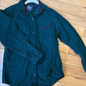 Vintage Woolrich Green Corduroy Shirt with Plaid Trim and Matching Skirt